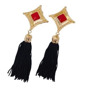 Vintage 1980s Gold Tone Red Glass Long Black Tassel Clip On Runway Earrings